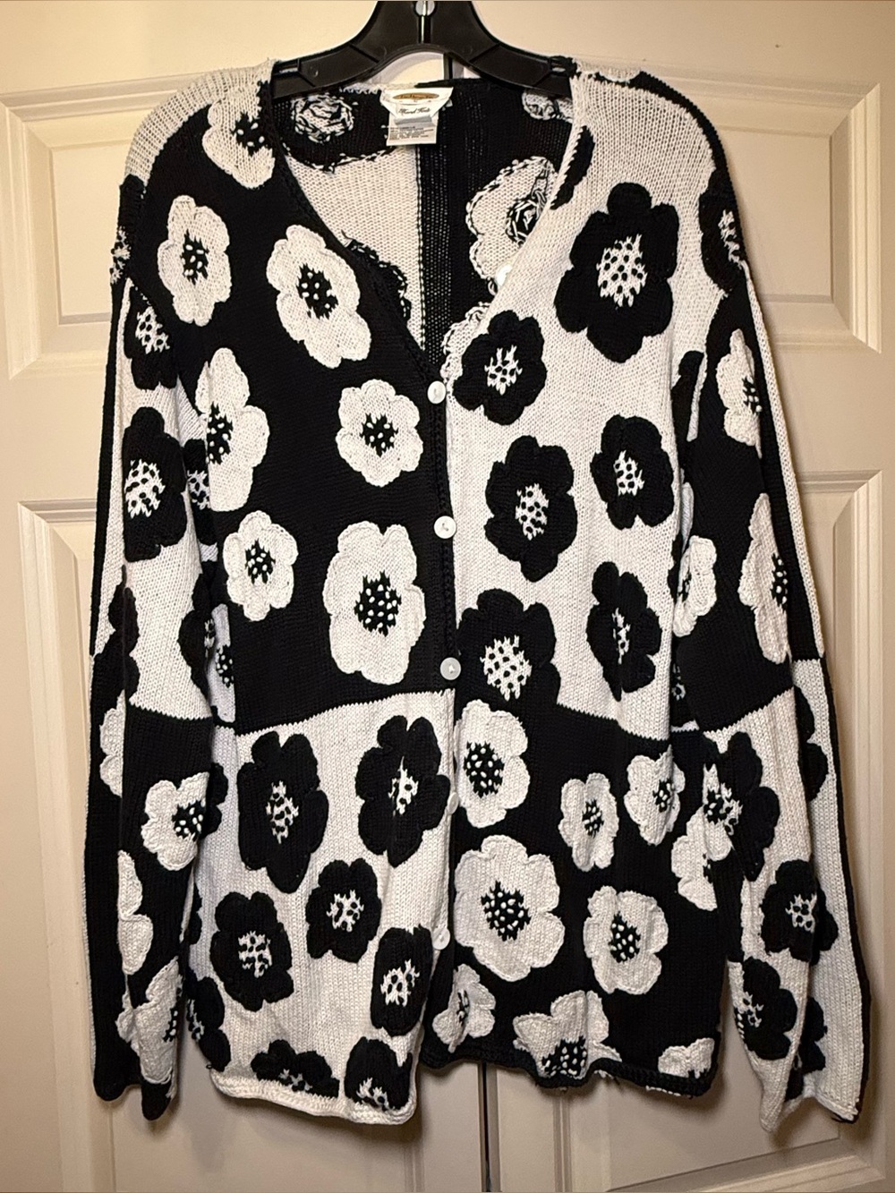Talbots Black & White Floral Hand Knit Button-Front Cardigan